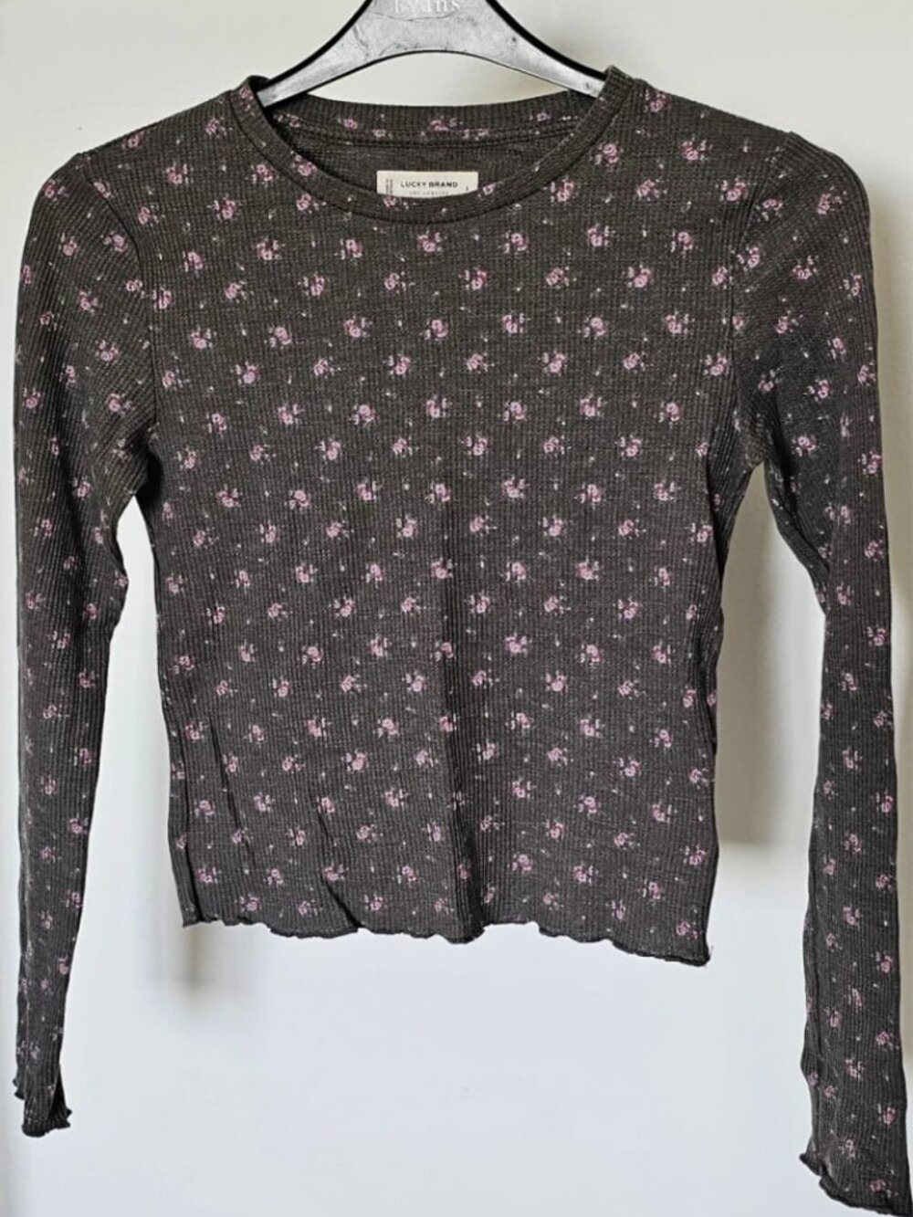 Gray Ribbed Long Sleeve Top with Pink Floral Print, Women’s S